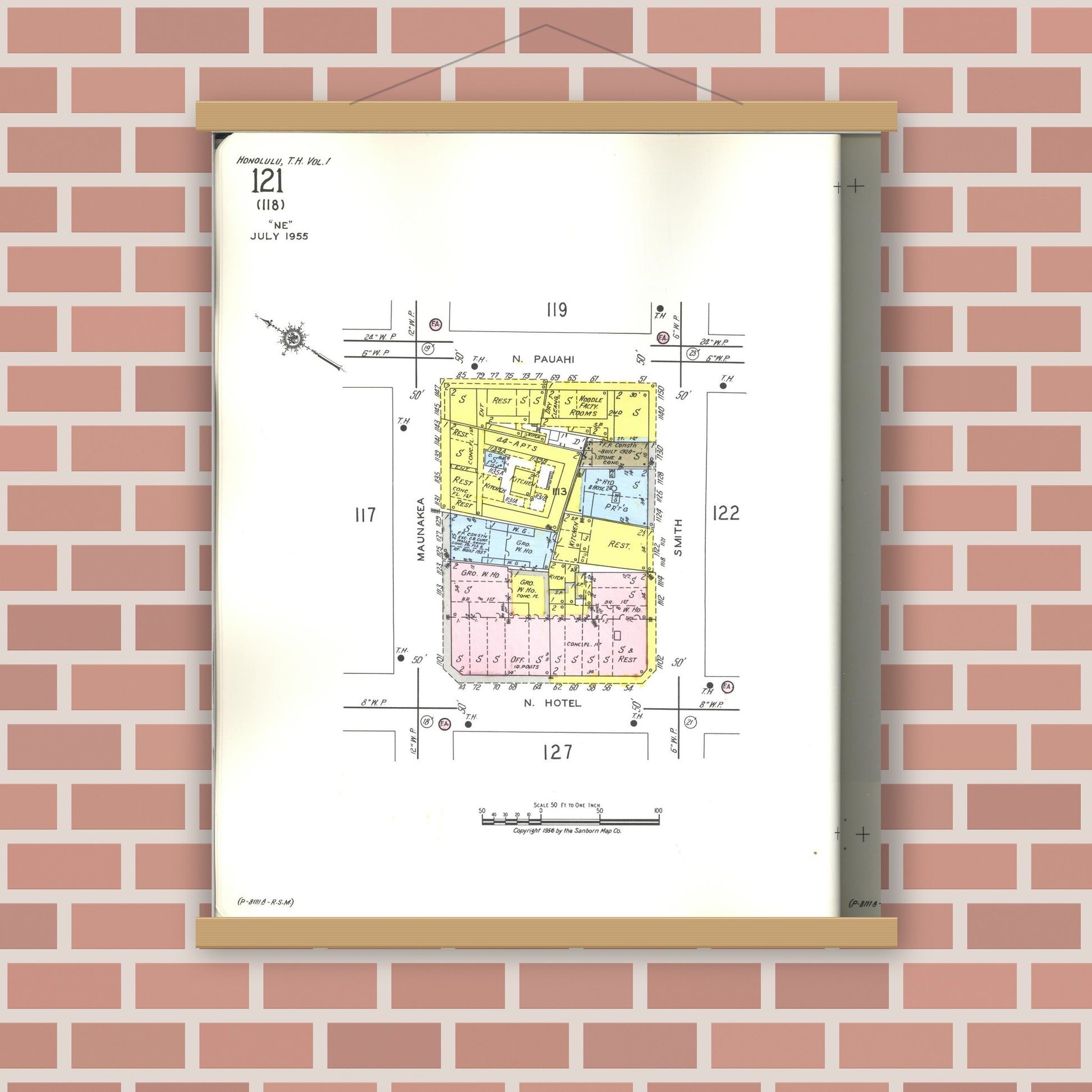 Old map wall art mockup — magnetic wood frame on brick wall — Sanborn Fire Insurance Map from Honolulu, Oahu County, Hawaii (1955), Sheet #0121