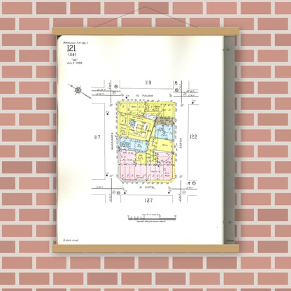 Old map wall art mockup — magnetic wood frame on brick wall — Sanborn Fire Insurance Map from Honolulu, Oahu County, Hawaii (1955), Sheet #0121