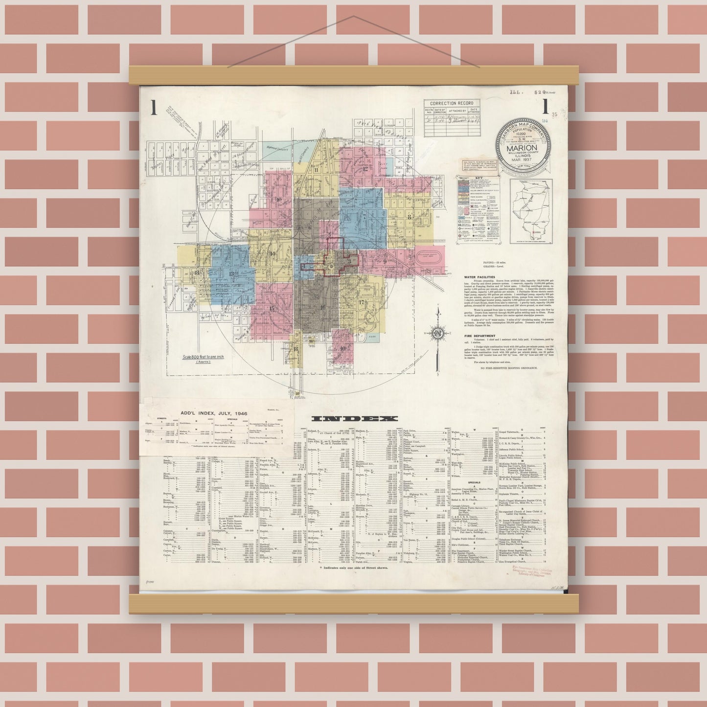 Old map wall art mockup — magnetic wood frame on brick wall — Sanborn Fire Insurance Map from Marion, Williamson County, Illinois (1946) - Complete Map Set