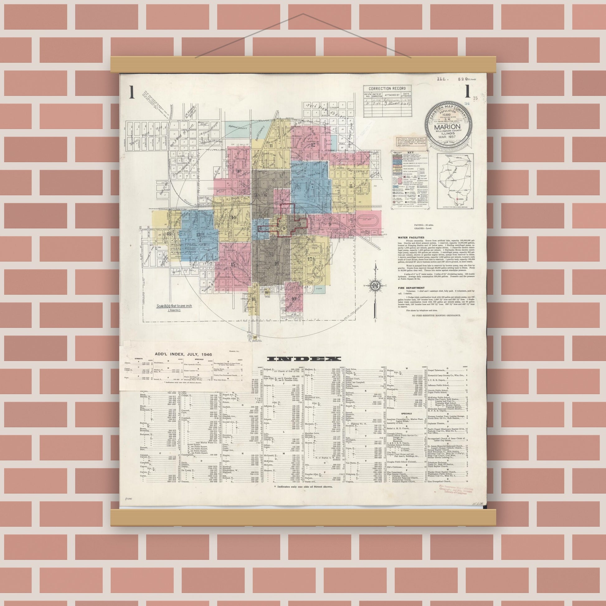Old map wall art mockup — magnetic wood frame on brick wall — Sanborn Fire Insurance Map from Marion, Williamson County, Illinois (1946) - Complete Map Set