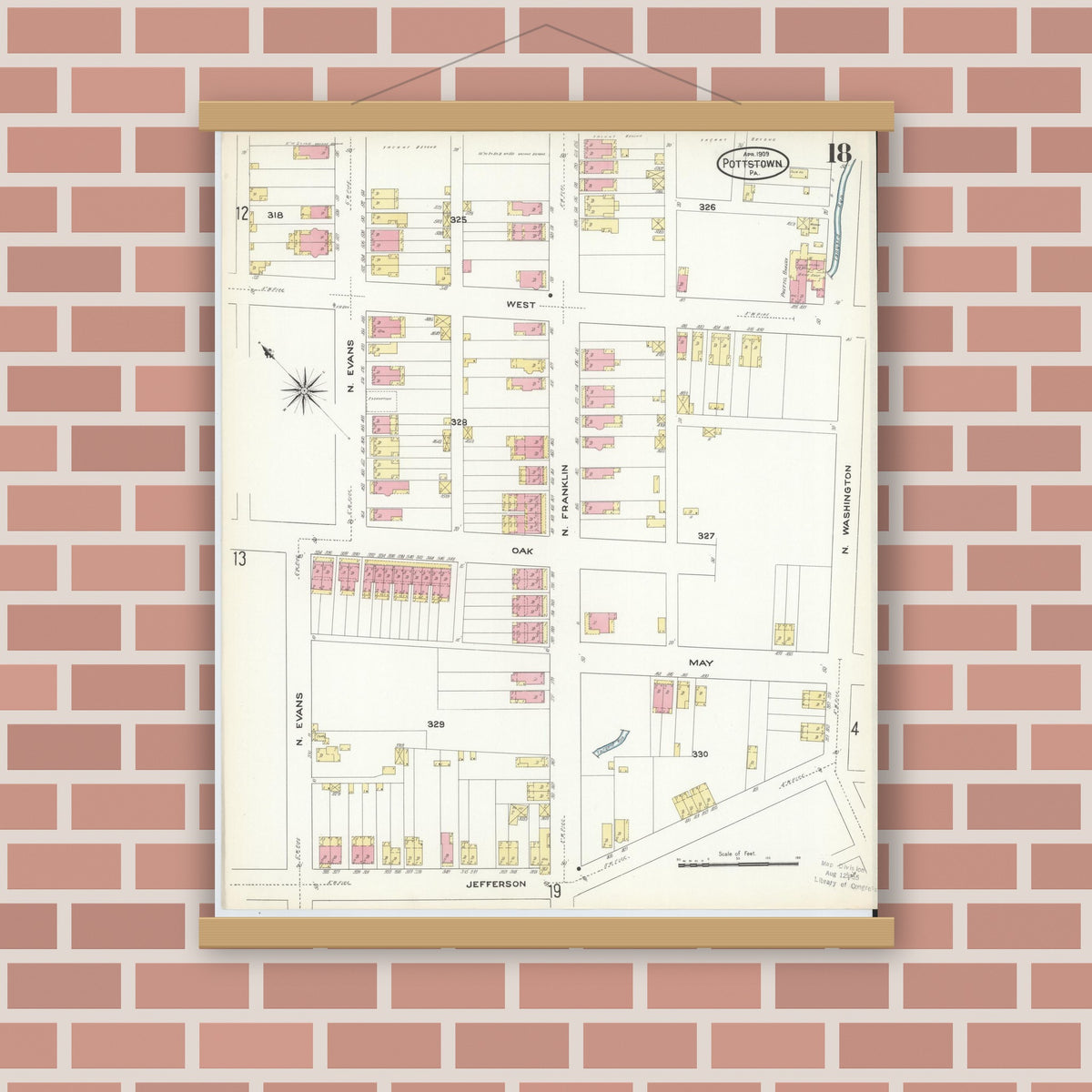Old map wall art mockup — magnetic wood frame on brick wall — Sanborn Fire Insurance Map from Pottstown, Montgomery County, Pennsylvania (1909), Sheet #0018