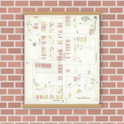 Old map wall art mockup — magnetic wood frame on brick wall — Sanborn Fire Insurance Map from Pottstown, Montgomery County, Pennsylvania (1909), Sheet #0018