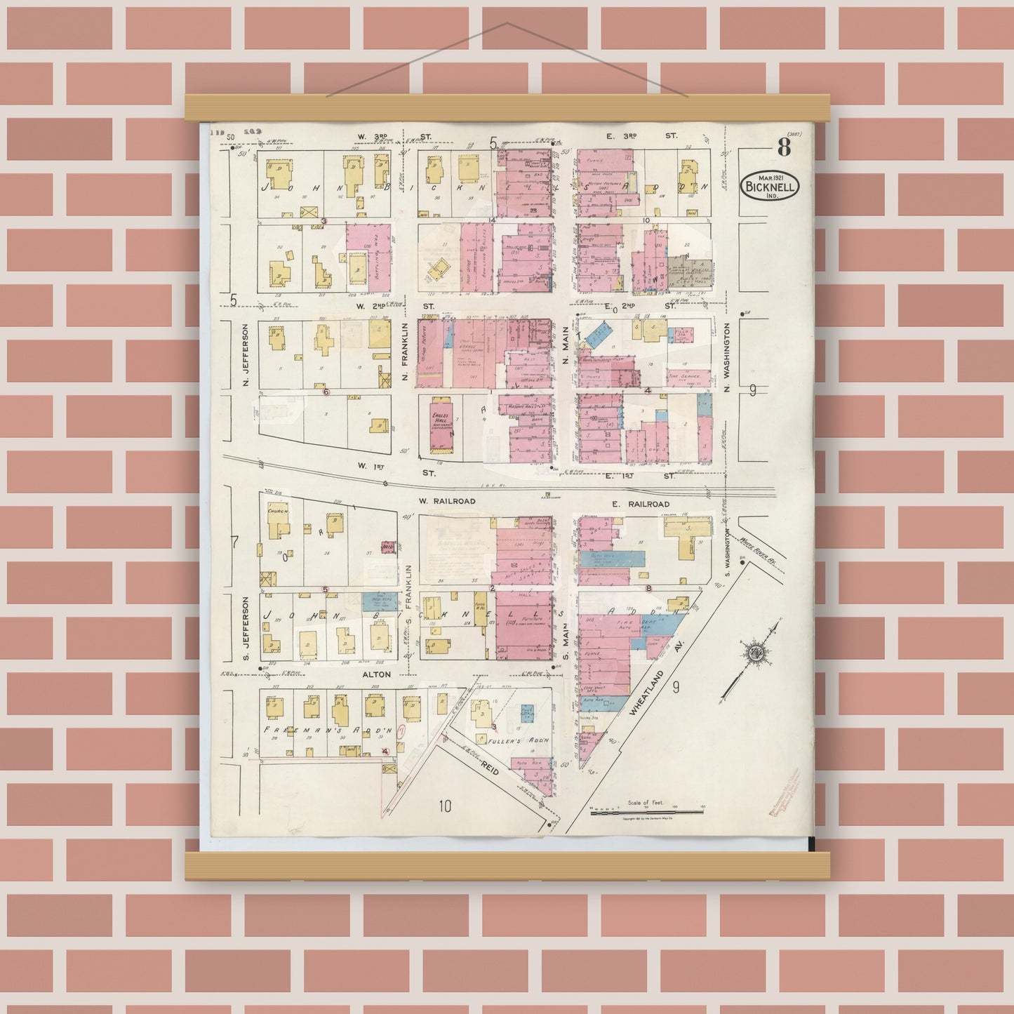 Old map wall art mockup — magnetic wood frame on brick wall — Sanborn Fire Insurance Map from Bicknell, Knox County, Indiana (1946), Sheet #0008
