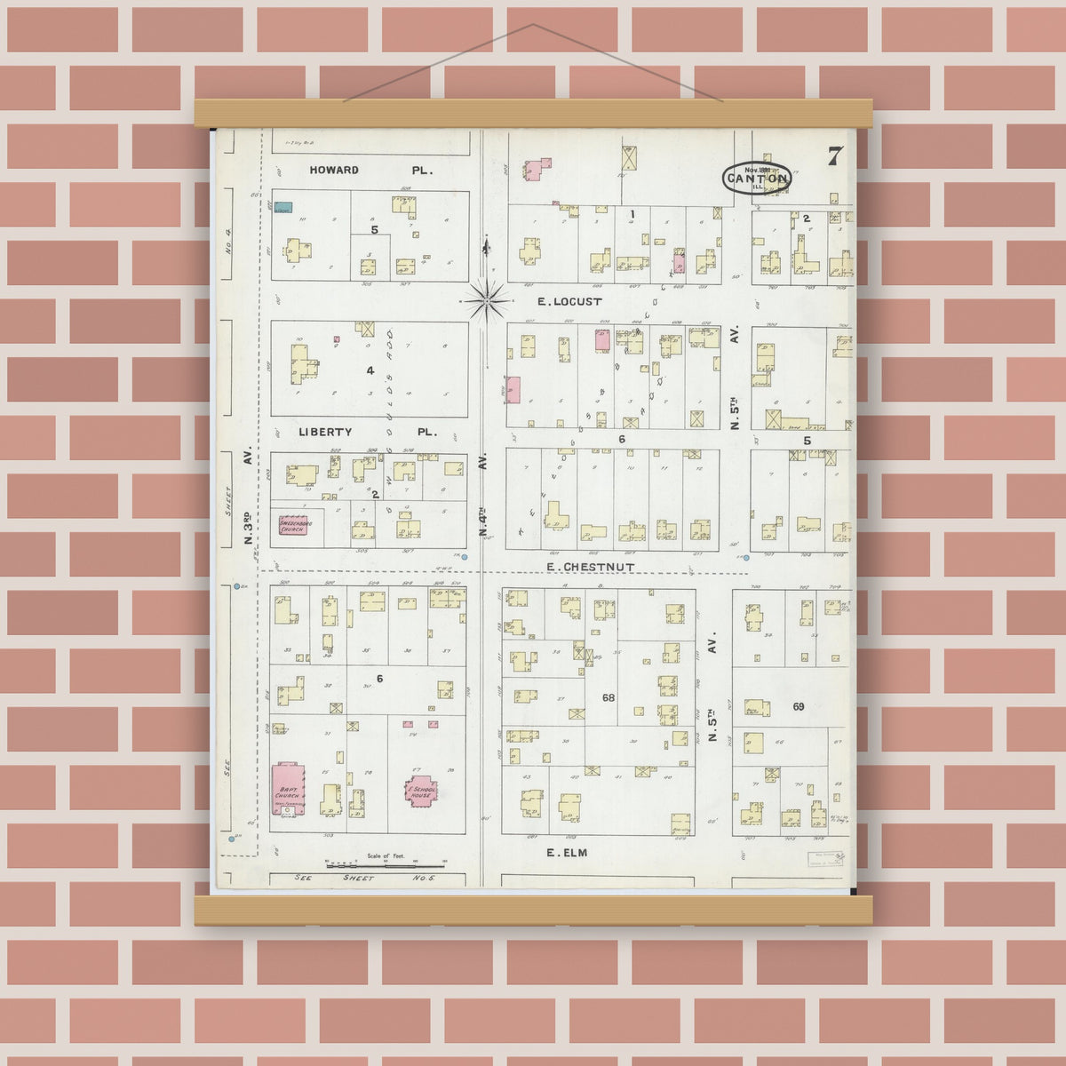Old map wall art mockup — magnetic wood frame on brick wall — Sanborn Fire Insurance Map from Canton, Fulton County, Illinois (1891), Sheet #0007