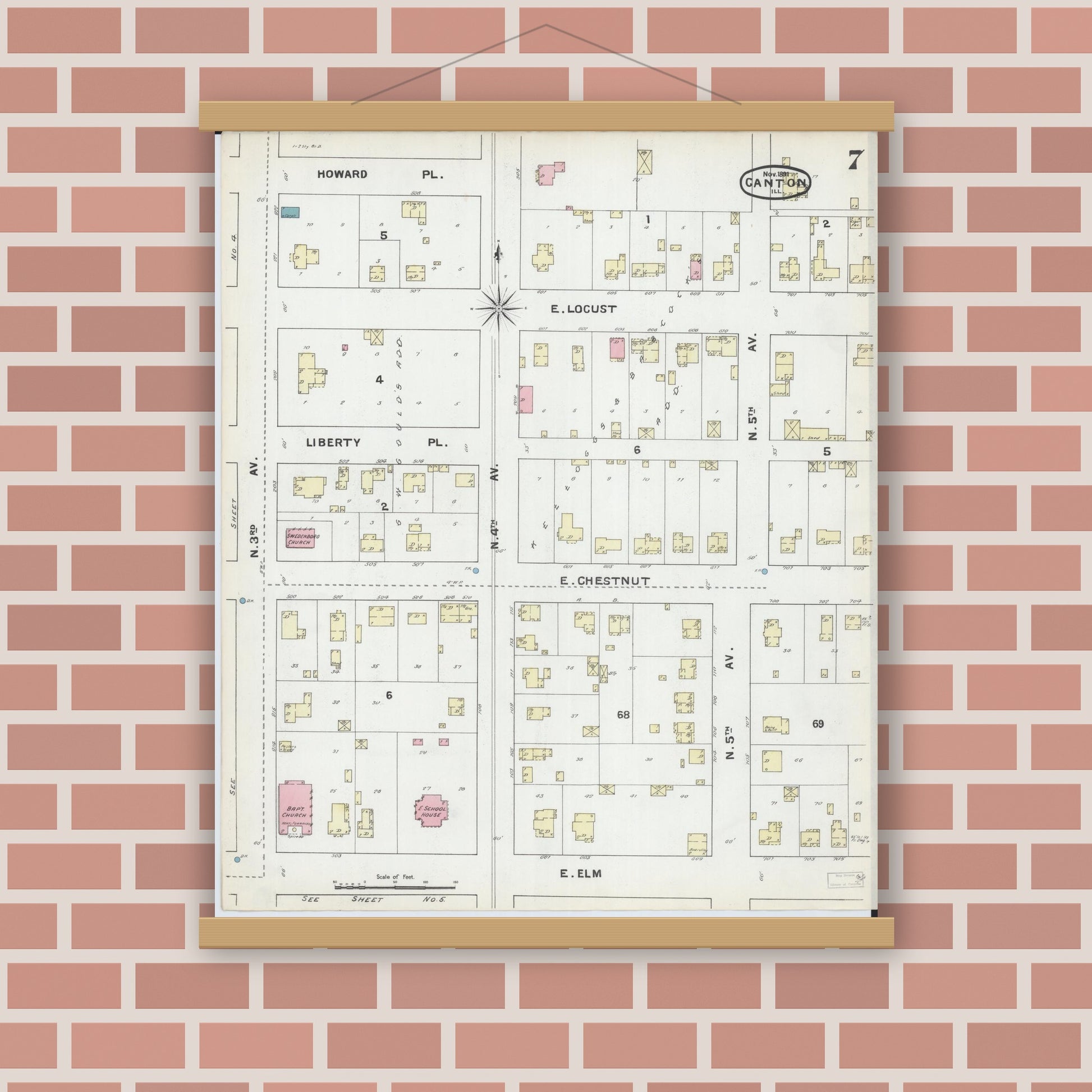 Old map wall art mockup — magnetic wood frame on brick wall — Sanborn Fire Insurance Map from Canton, Fulton County, Illinois (1891), Sheet #0007