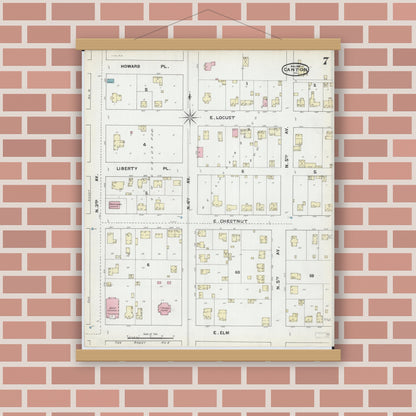 Old map wall art mockup — magnetic wood frame on brick wall — Sanborn Fire Insurance Map from Canton, Fulton County, Illinois (1891), Sheet #0007