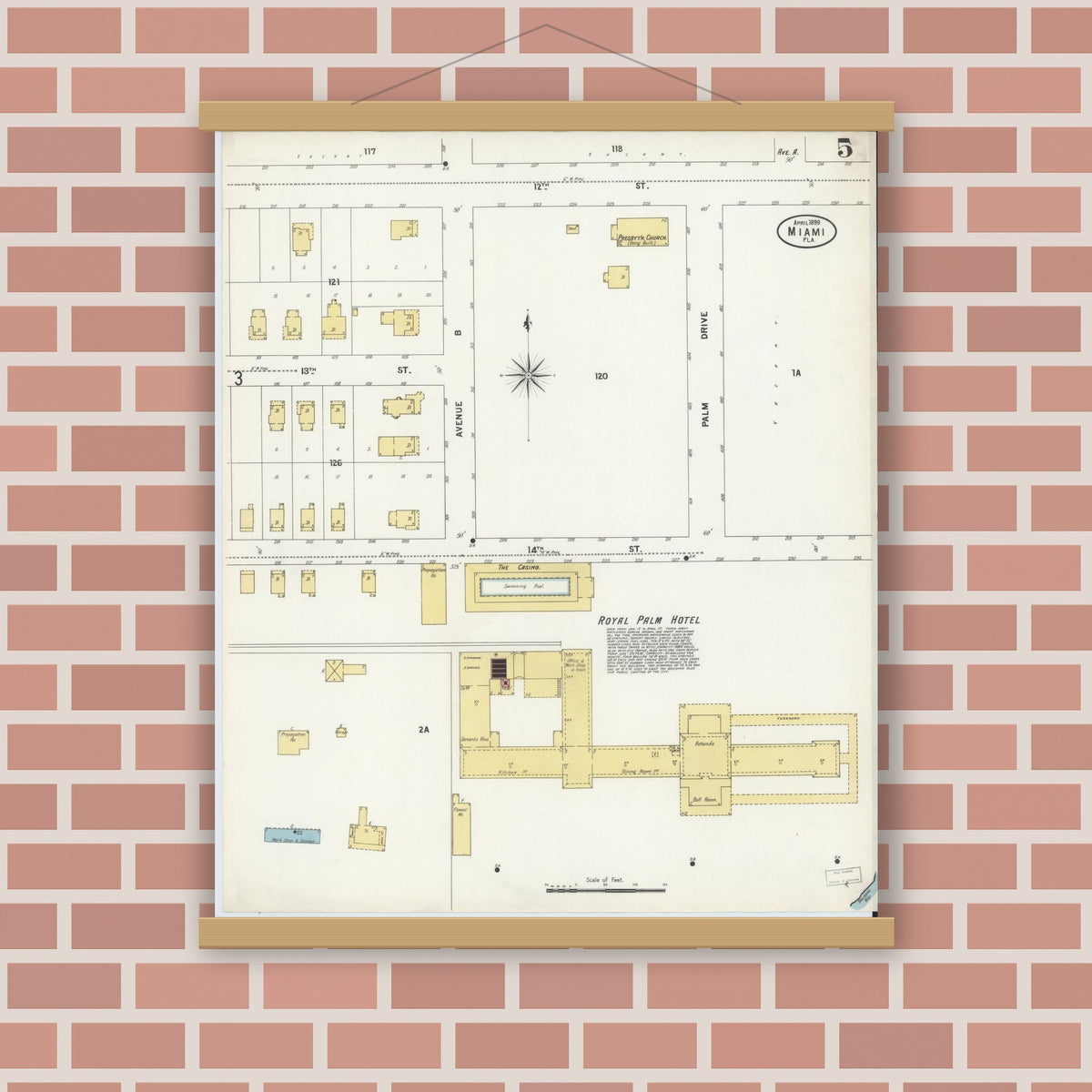Old map wall art mockup — magnetic wood frame on brick wall — Sanborn Fire Insurance Map from Miami, Dade County, Florida (1899), Sheet #0005