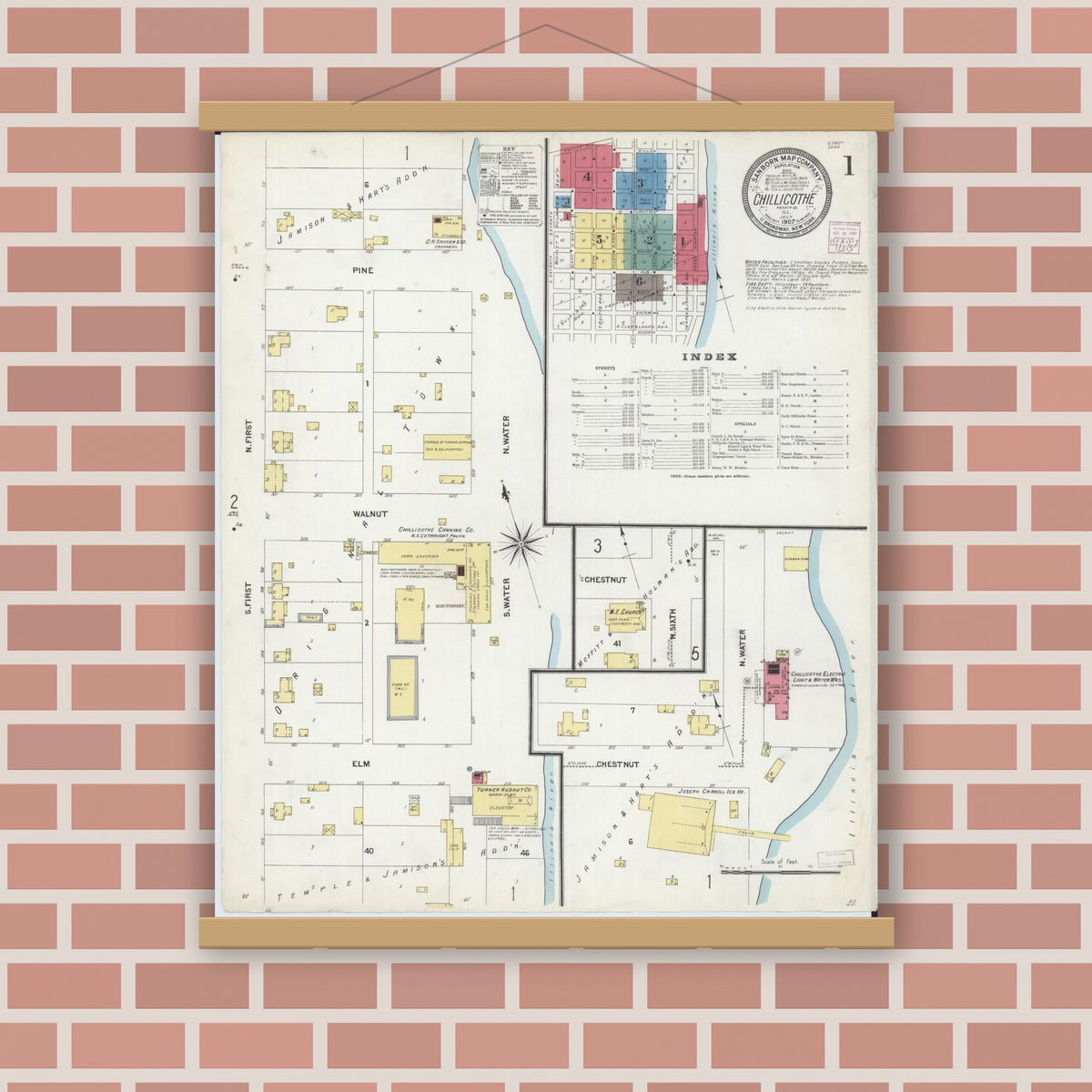 Old map wall art mockup — magnetic wood frame on brick wall — Sanborn Fire Insurance Map from Chillicothe, Peoria County, Illinois (1907) - Complete Map Set
