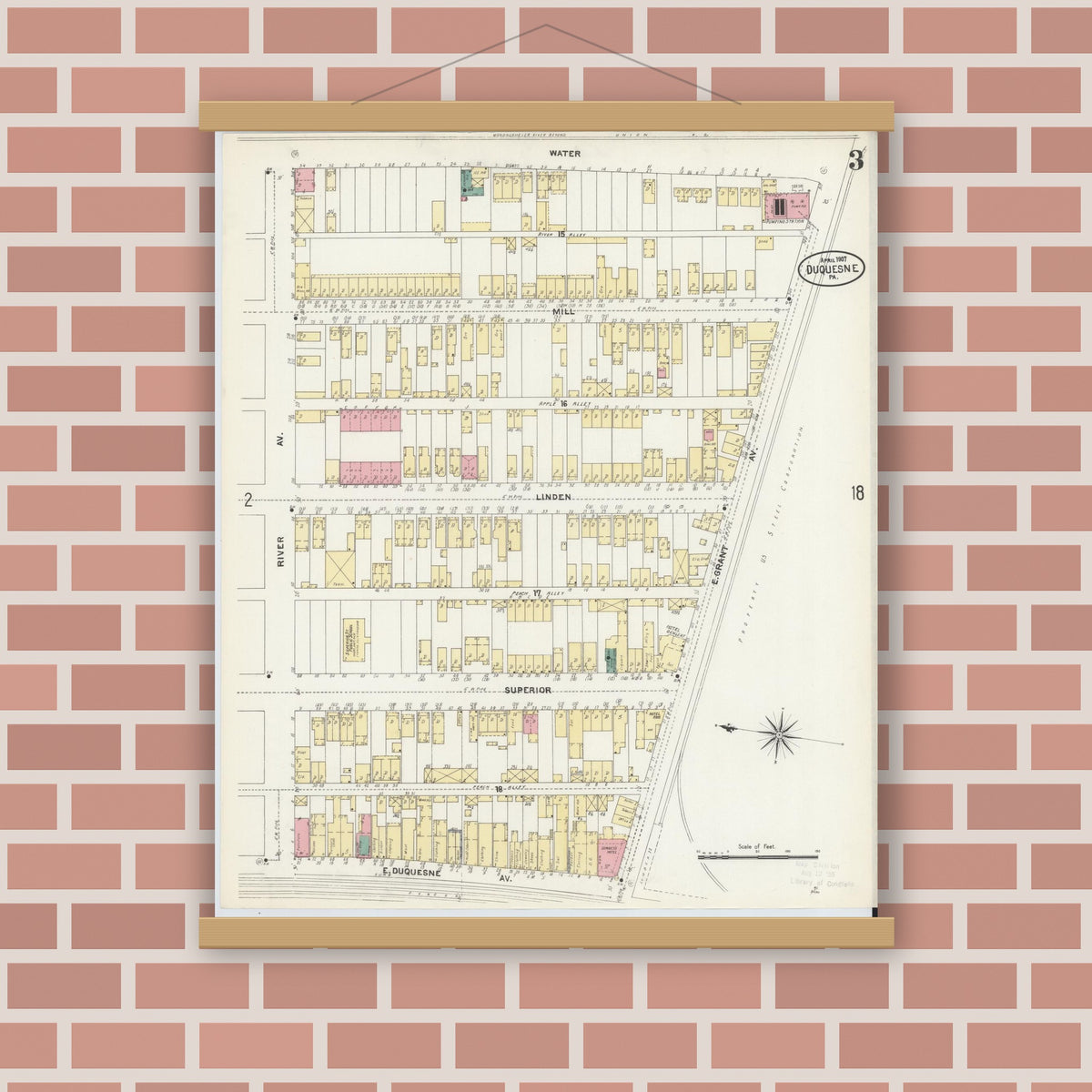 Old map wall art mockup — magnetic wood frame on brick wall — Sanborn Fire Insurance Map from Duquesne, Allegheny County, Pennsylvania (1907), Sheet #0003