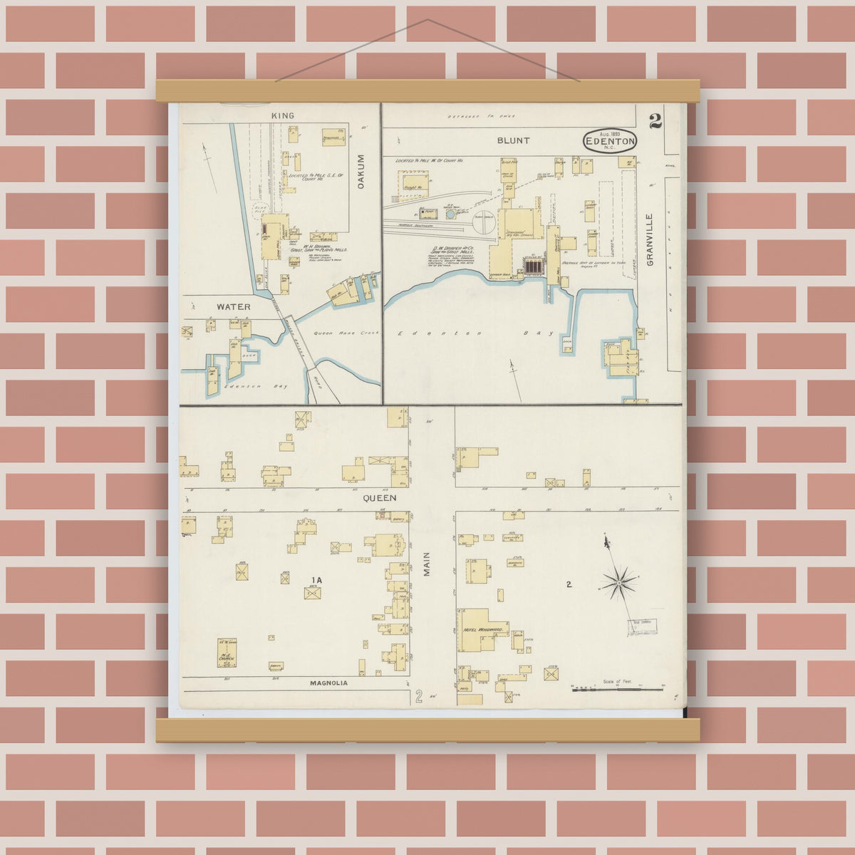 Old map wall art mockup — magnetic wood frame on brick wall — Sanborn Fire Insurance Map from Edenton, Chowan County, North Carolina (1893), Sheet #0002