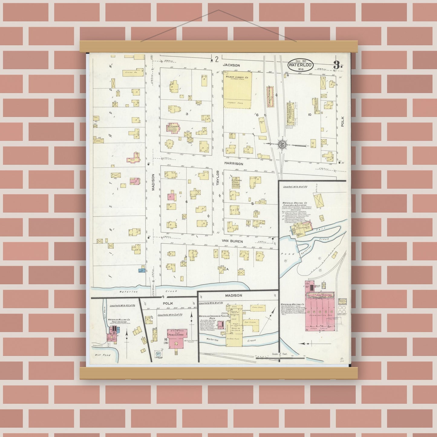 Old map wall art mockup — magnetic wood frame on brick wall — Sanborn Fire Insurance Map from Waterloo, Jefferson County, Wisconsin (1912), Sheet #0003