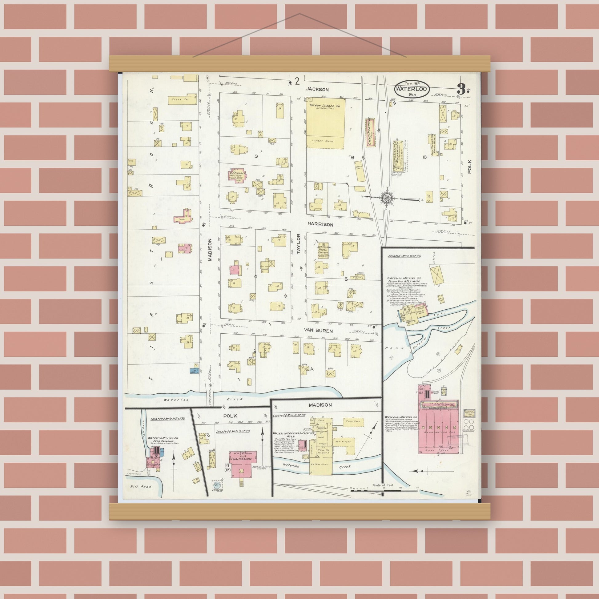 Old map wall art mockup — magnetic wood frame on brick wall — Sanborn Fire Insurance Map from Waterloo, Jefferson County, Wisconsin (1912), Sheet #0003