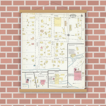 Old map wall art mockup — magnetic wood frame on brick wall — Sanborn Fire Insurance Map from Waterloo, Jefferson County, Wisconsin (1912), Sheet #0003