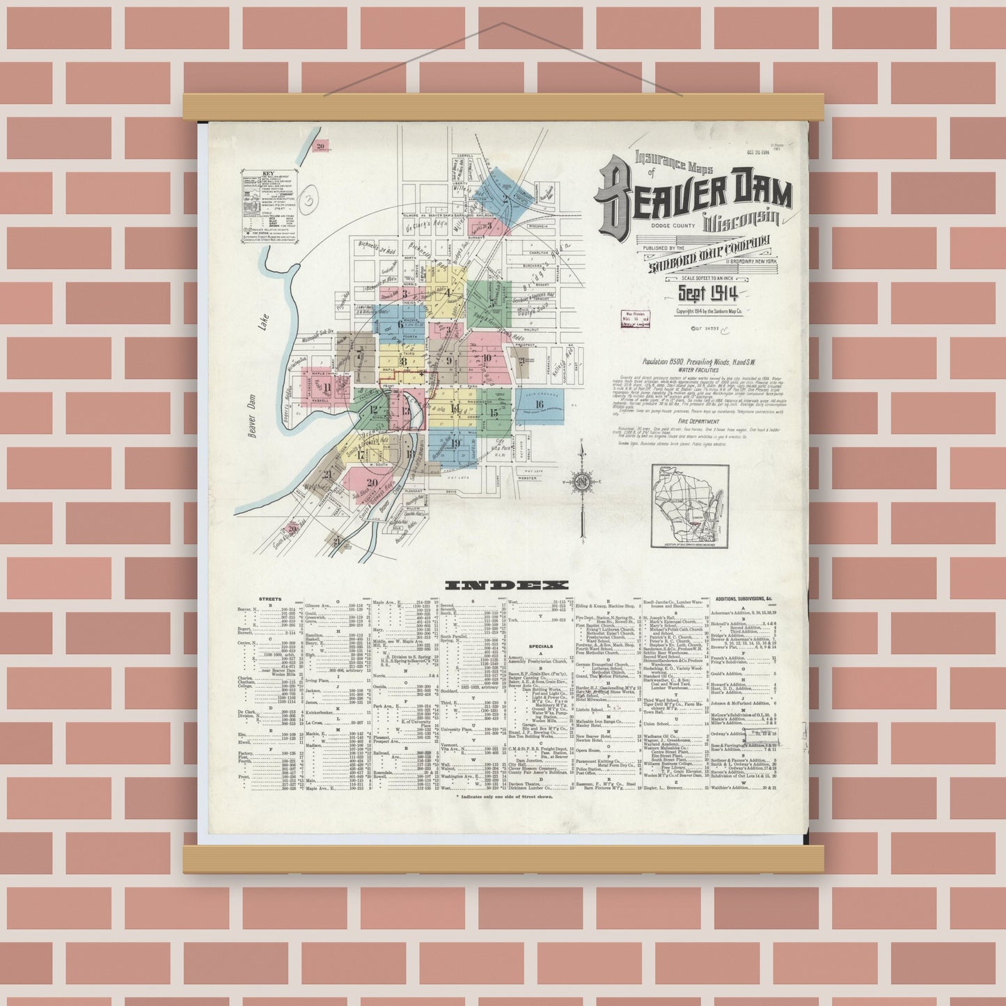 Old map wall art mockup — magnetic wood frame on brick wall — Sanborn Fire Insurance Map from Beaver Dam, Dodge County, Wisconsin (1914) - Complete Map Set