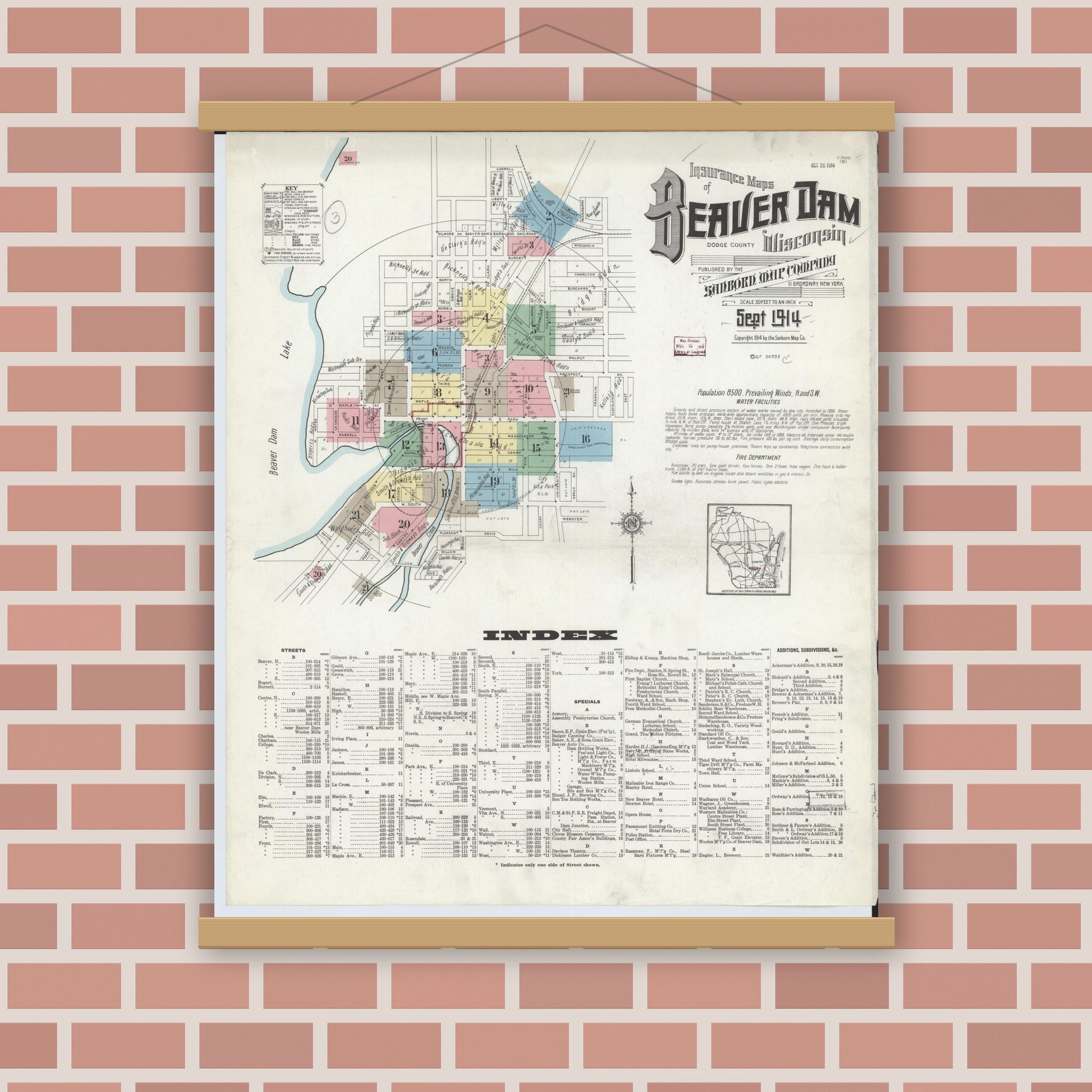 Old map wall art mockup — magnetic wood frame on brick wall — Sanborn Fire Insurance Map from Beaver Dam, Dodge County, Wisconsin (1914) - Complete Map Set
