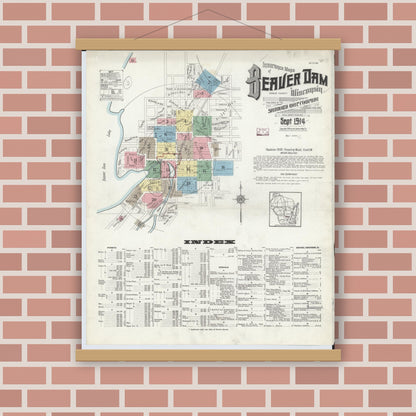 Old map wall art mockup — magnetic wood frame on brick wall — Sanborn Fire Insurance Map from Beaver Dam, Dodge County, Wisconsin (1914) - Complete Map Set
