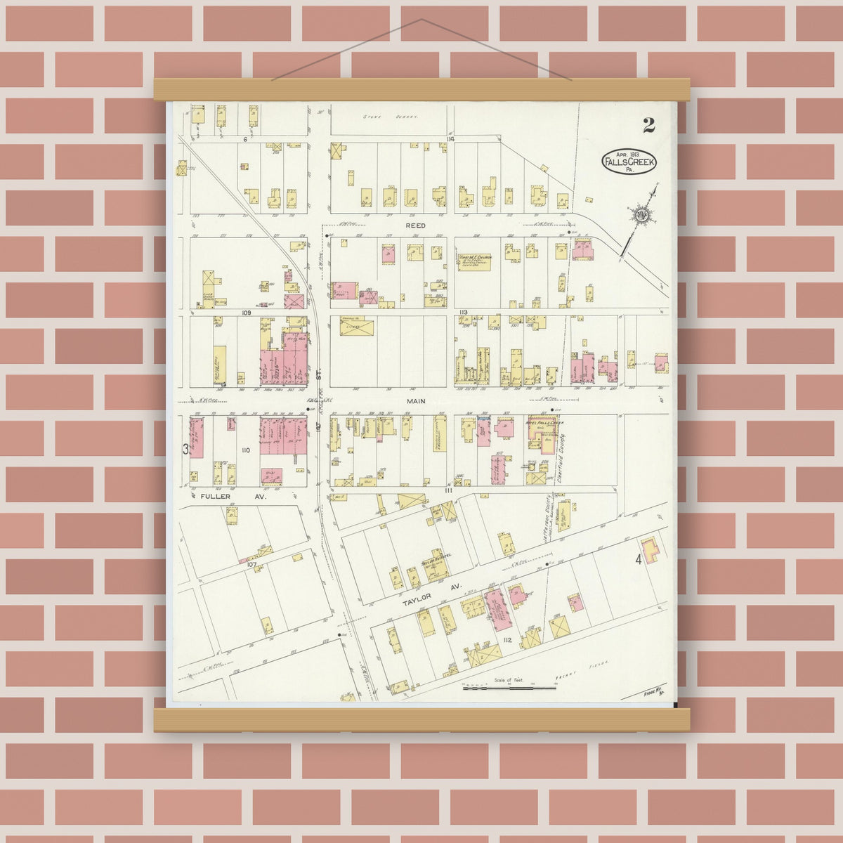 Old map wall art mockup — magnetic wood frame on brick wall — Sanborn Fire Insurance Map from Falls Creek, Jefferson And Clearfield Counties, Pennsylvania (1913), Sheet #0002