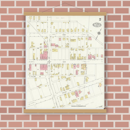 Old map wall art mockup — magnetic wood frame on brick wall — Sanborn Fire Insurance Map from Falls Creek, Jefferson And Clearfield Counties, Pennsylvania (1913), Sheet #0002