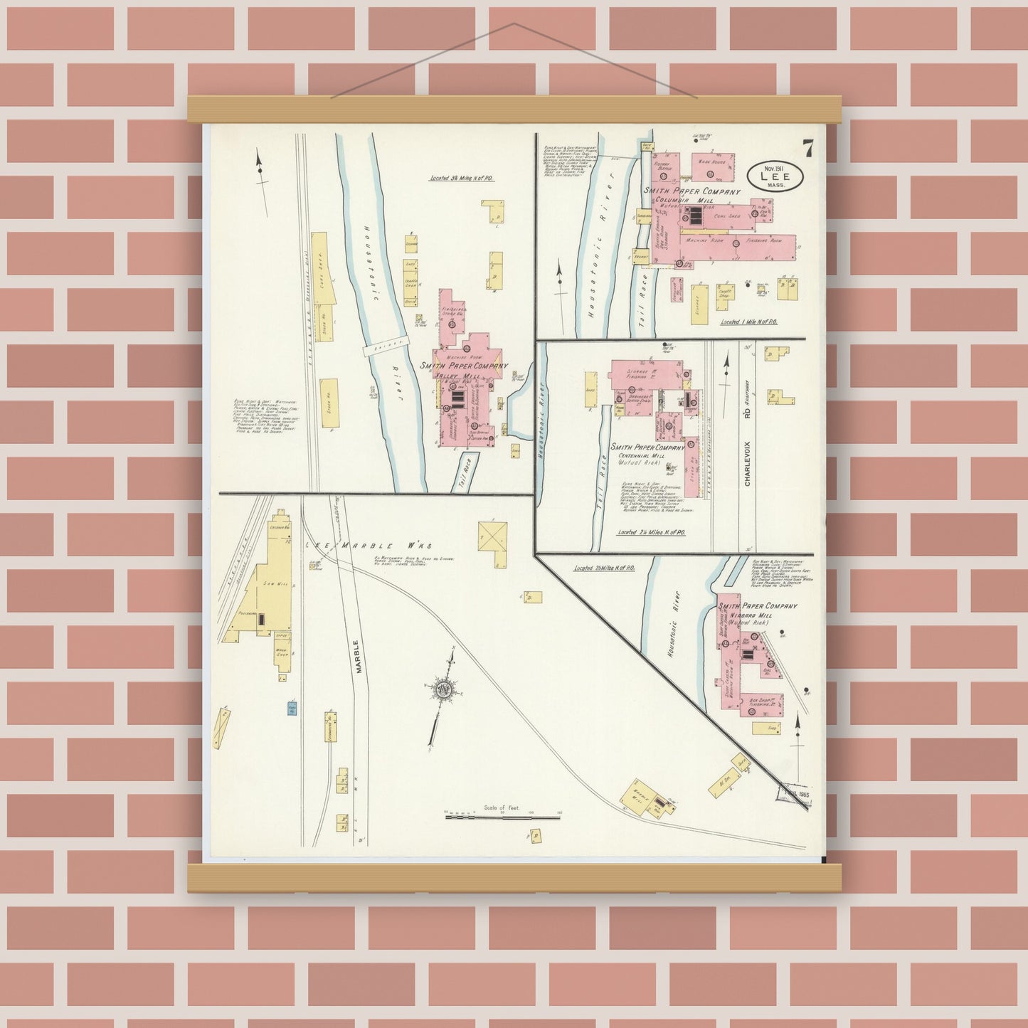 Old map wall art mockup — magnetic wood frame on brick wall — Sanborn Fire Insurance Map from Lee, Berkshire County, Massachusetts (1911), Sheet #0007