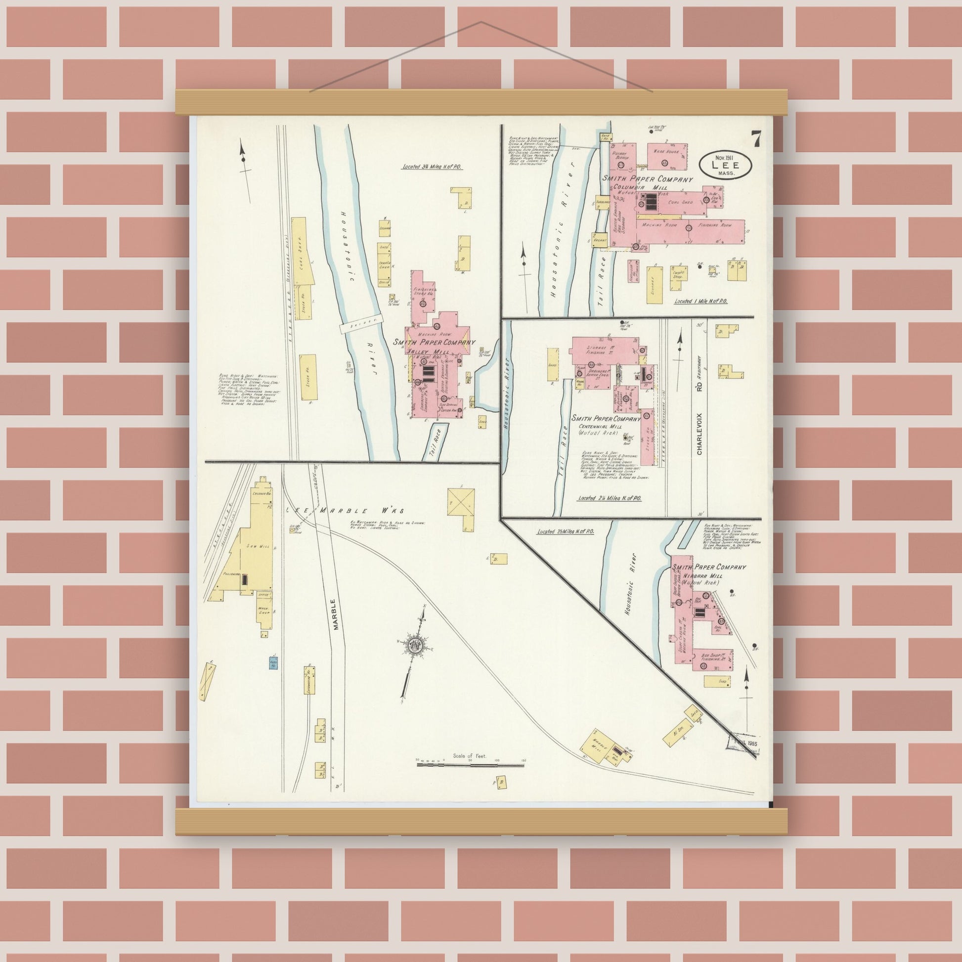 Old map wall art mockup — magnetic wood frame on brick wall — Sanborn Fire Insurance Map from Lee, Berkshire County, Massachusetts (1911), Sheet #0007