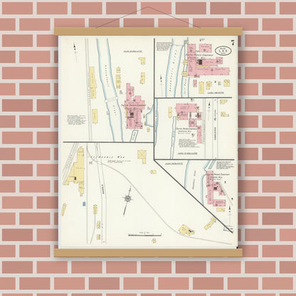 Old map wall art mockup — magnetic wood frame on brick wall — Sanborn Fire Insurance Map from Lee, Berkshire County, Massachusetts (1911), Sheet #0007