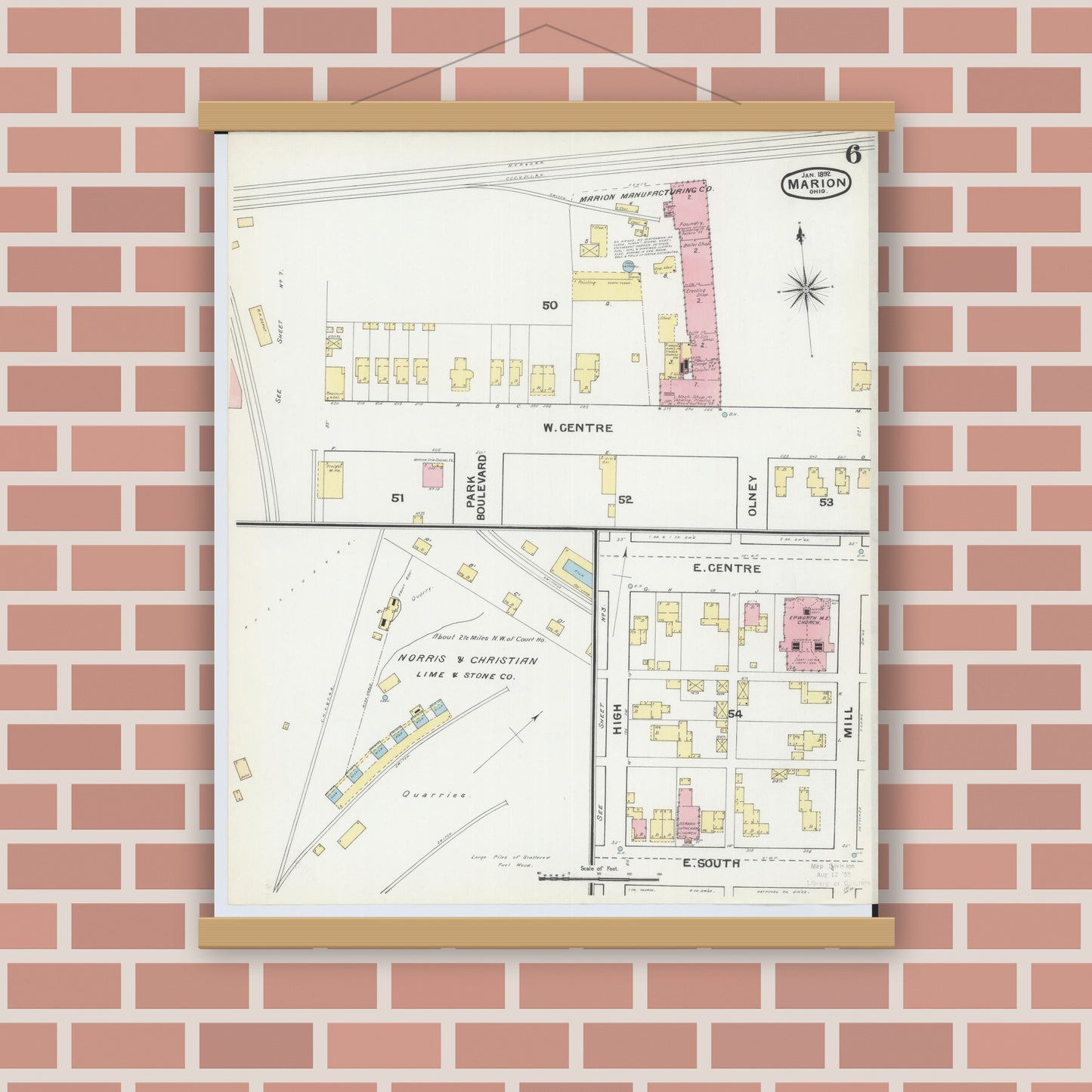 Old map wall art mockup — magnetic wood frame on brick wall — Sanborn Fire Insurance Map from Marion, Marion County, Ohio (1892), Sheet #0006