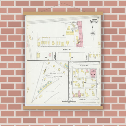 Old map wall art mockup — magnetic wood frame on brick wall — Sanborn Fire Insurance Map from Marion, Marion County, Ohio (1892), Sheet #0006