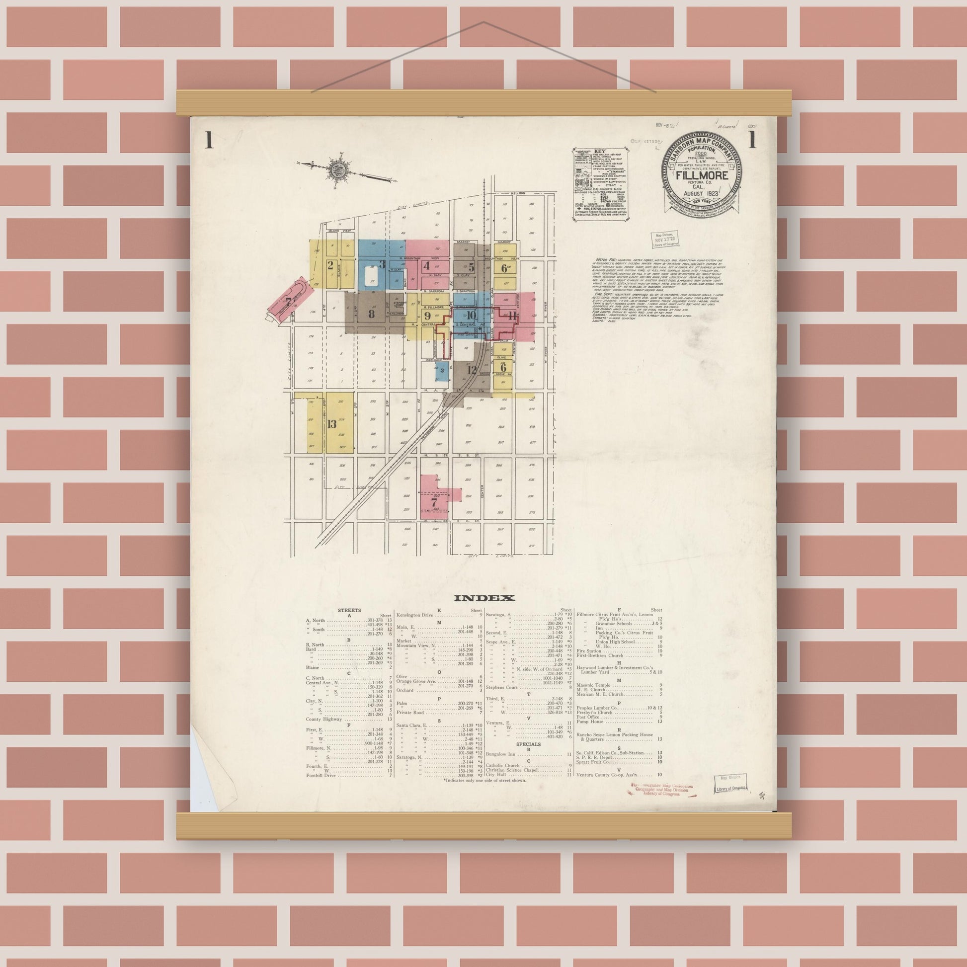 Old map wall art mockup — magnetic wood frame on brick wall — Sanborn Fire Insurance Map from Fillmore, Ventura County, California (1923) - Complete Map Set