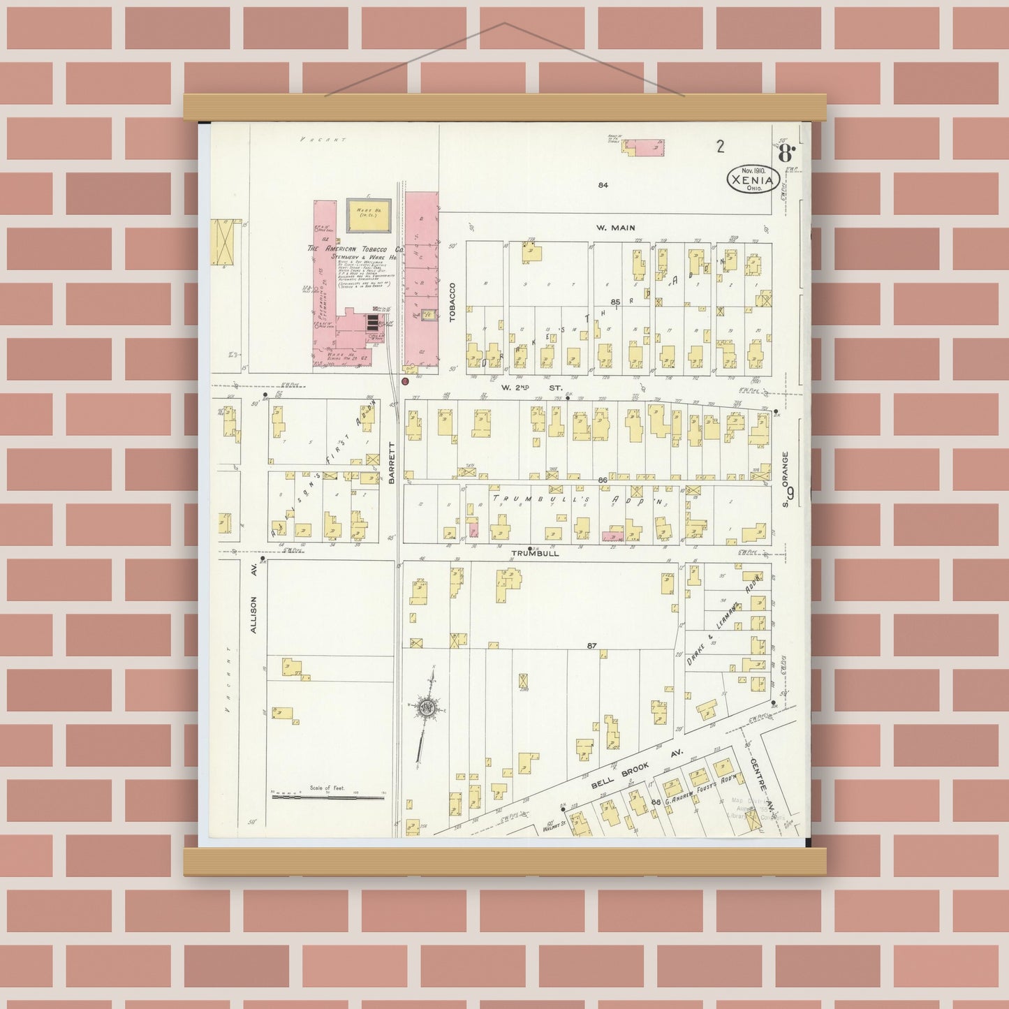 Old map wall art mockup — magnetic wood frame on brick wall — Sanborn Fire Insurance Map from Xenia, Greene County, Ohio (1910), Sheet #0008