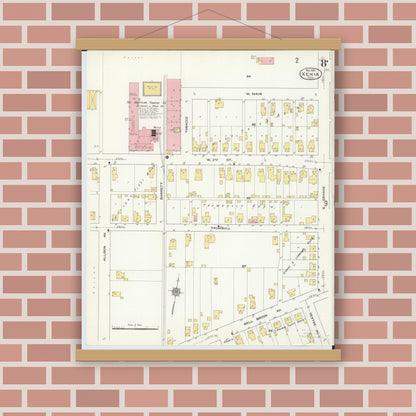 Old map wall art mockup — magnetic wood frame on brick wall — Sanborn Fire Insurance Map from Xenia, Greene County, Ohio (1910), Sheet #0008