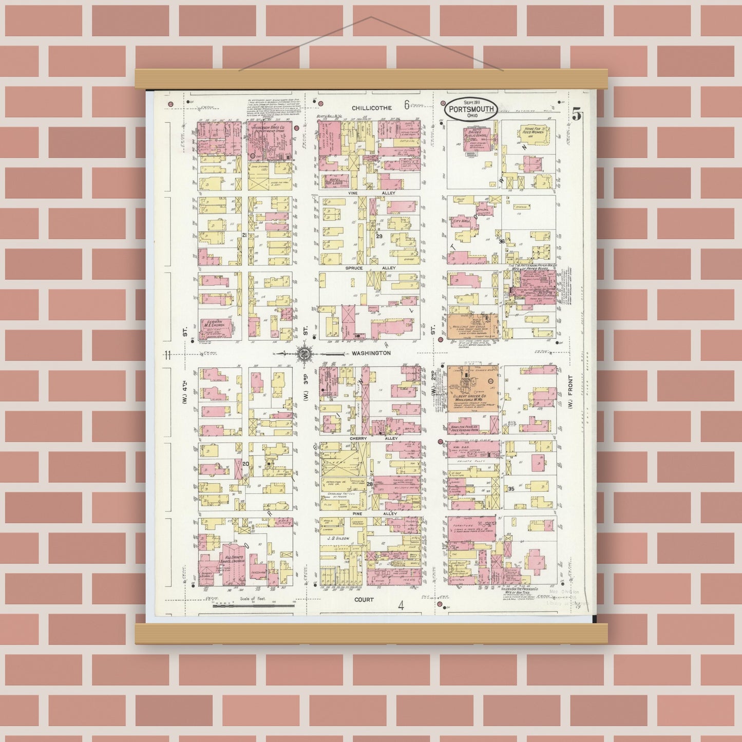Old map wall art mockup — magnetic wood frame on brick wall — Sanborn Fire Insurance Map from Portsmouth, Scioto County, Ohio (1911), Sheet #0005