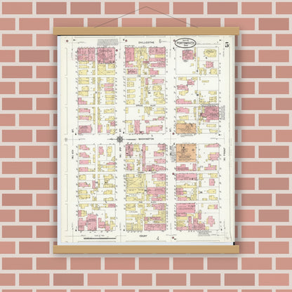 Old map wall art mockup — magnetic wood frame on brick wall — Sanborn Fire Insurance Map from Portsmouth, Scioto County, Ohio (1911), Sheet #0005