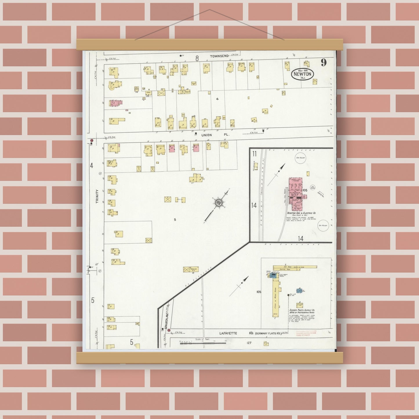 Old map wall art mockup — magnetic wood frame on brick wall — Sanborn Fire Insurance Map from Newton, Sussex County, New Jersey (1916), Sheet #0009