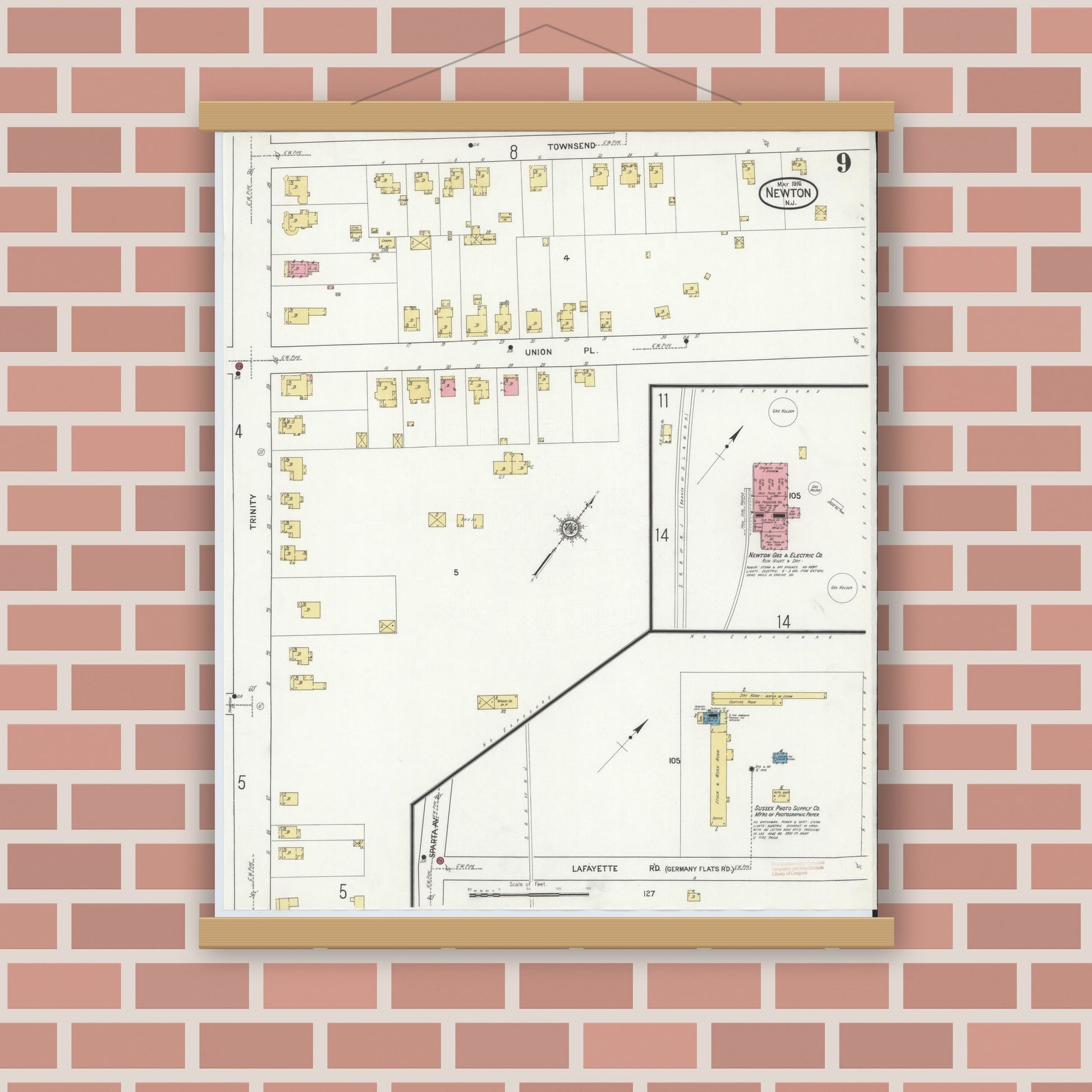 Old map wall art mockup — magnetic wood frame on brick wall — Sanborn Fire Insurance Map from Newton, Sussex County, New Jersey (1916), Sheet #0009