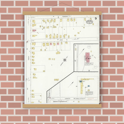 Old map wall art mockup — magnetic wood frame on brick wall — Sanborn Fire Insurance Map from Newton, Sussex County, New Jersey (1916), Sheet #0009