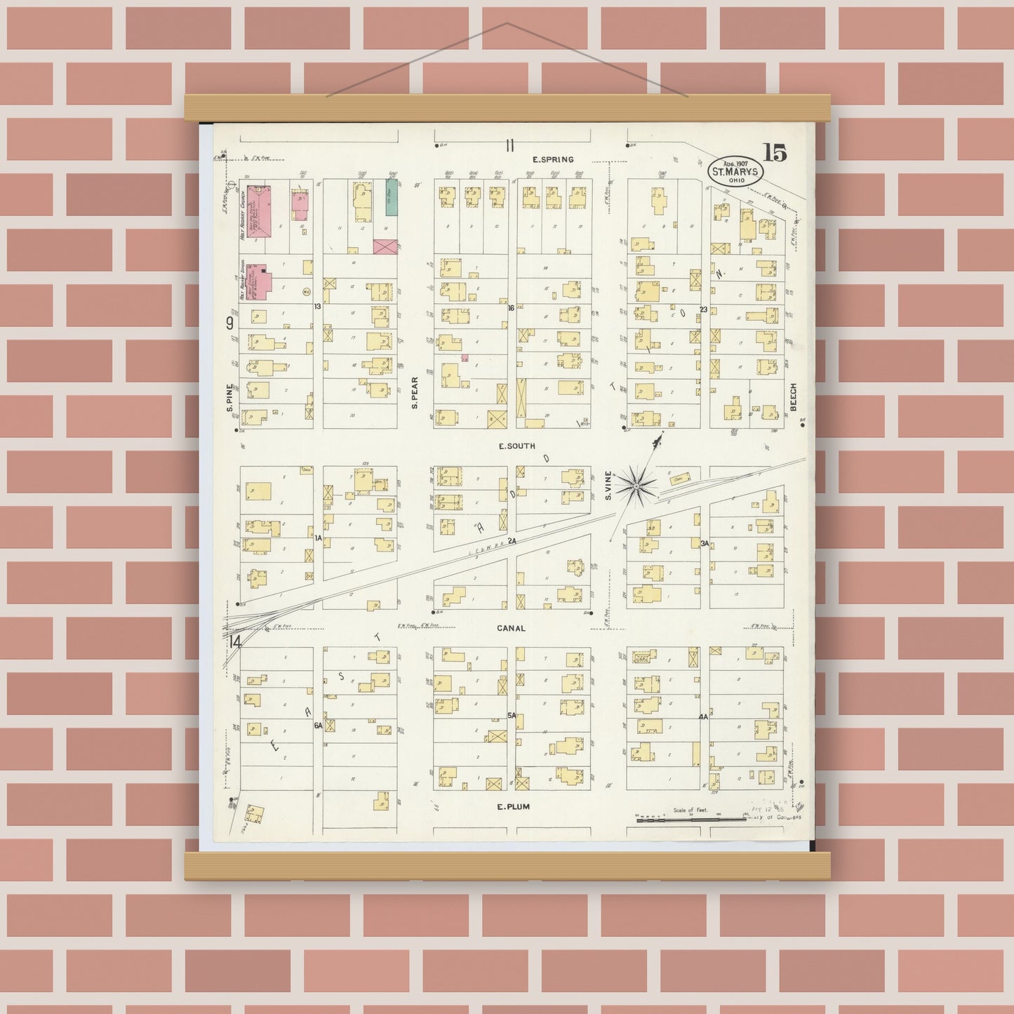 Old map wall art mockup — magnetic wood frame on brick wall — Sanborn Fire Insurance Map from Saint Marys, Auglaize County, Ohio (1907), Sheet #0015