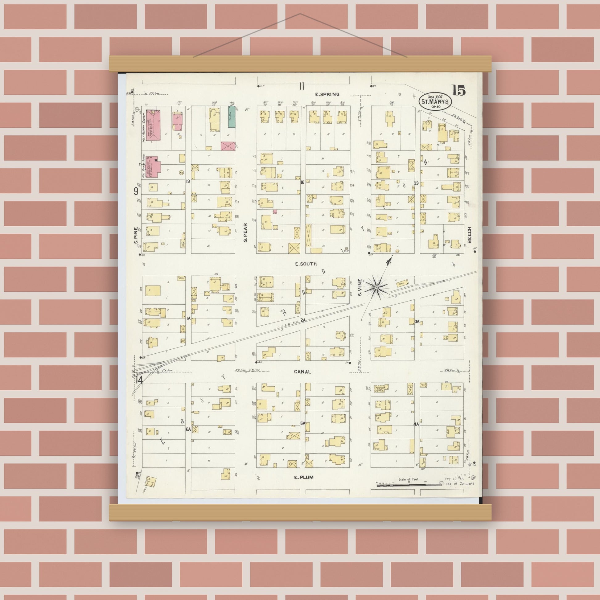 Old map wall art mockup — magnetic wood frame on brick wall — Sanborn Fire Insurance Map from Saint Marys, Auglaize County, Ohio (1907), Sheet #0015
