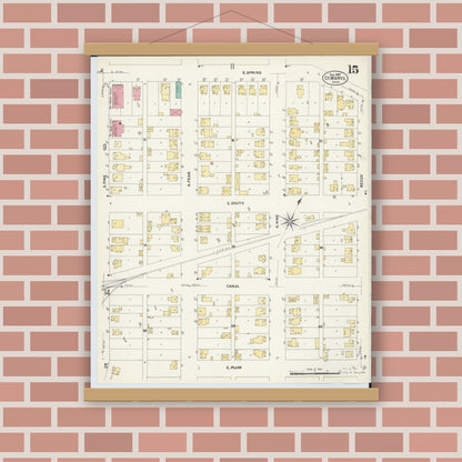 Old map wall art mockup — magnetic wood frame on brick wall — Sanborn Fire Insurance Map from Saint Marys, Auglaize County, Ohio (1907), Sheet #0015