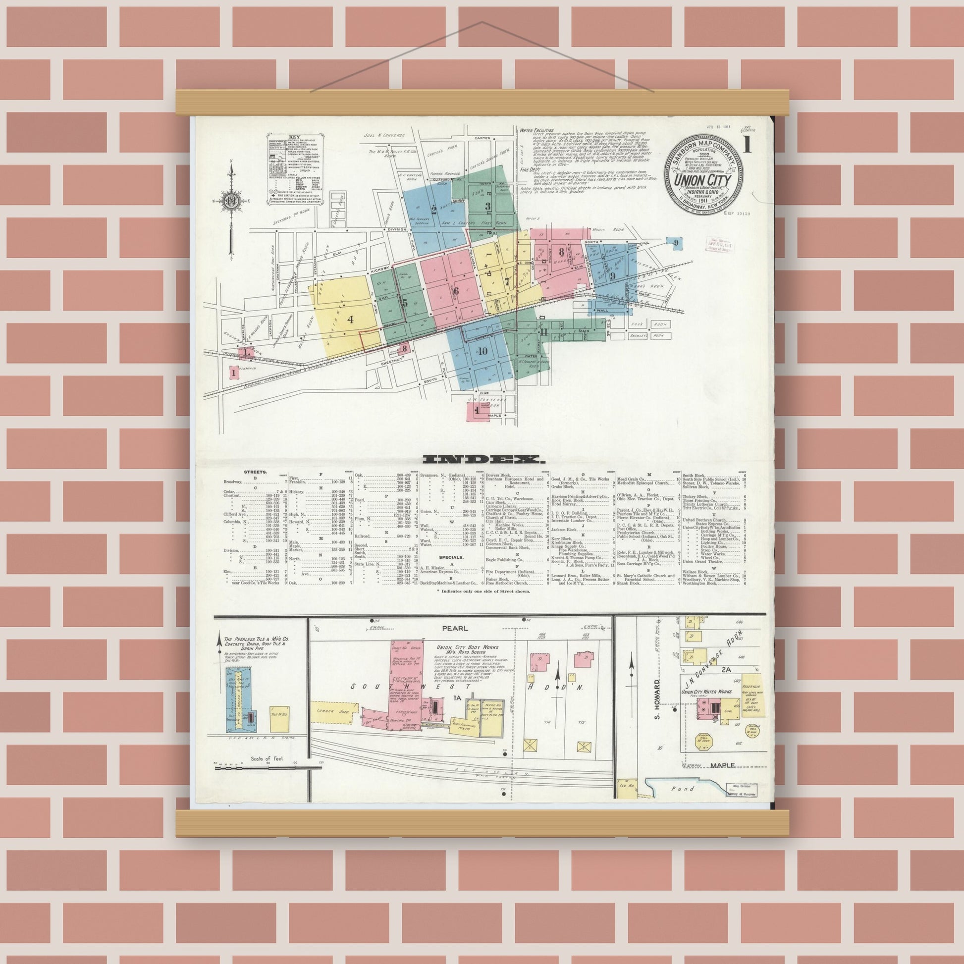 Old map wall art mockup — magnetic wood frame on brick wall — Sanborn Fire Insurance Map from Union City, Randolph County, Indiana (1911) - Complete Map Set