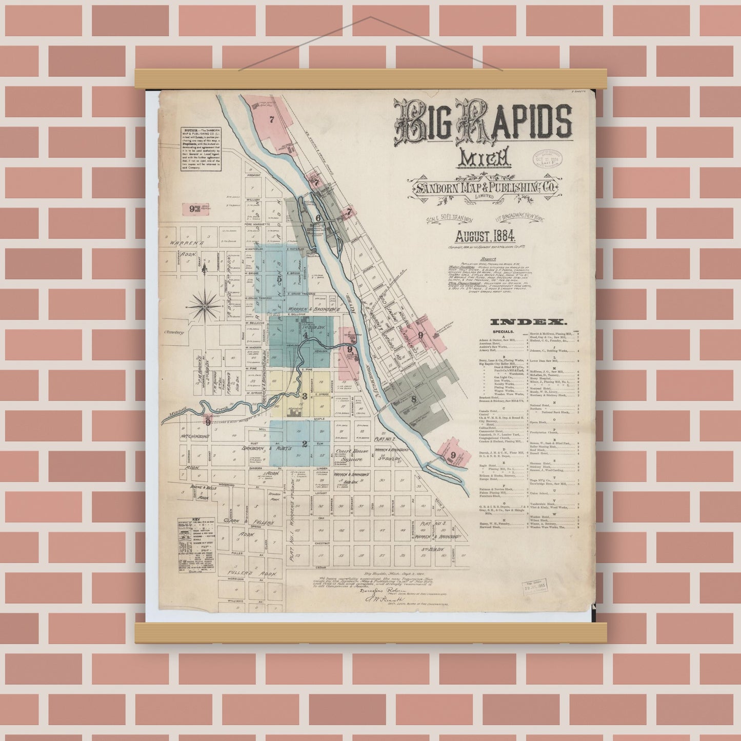 Old map wall art mockup — magnetic wood frame on brick wall — Sanborn Fire Insurance Map from Big Rapids, Mecosta County, Michigan (1884) - Complete Map Set