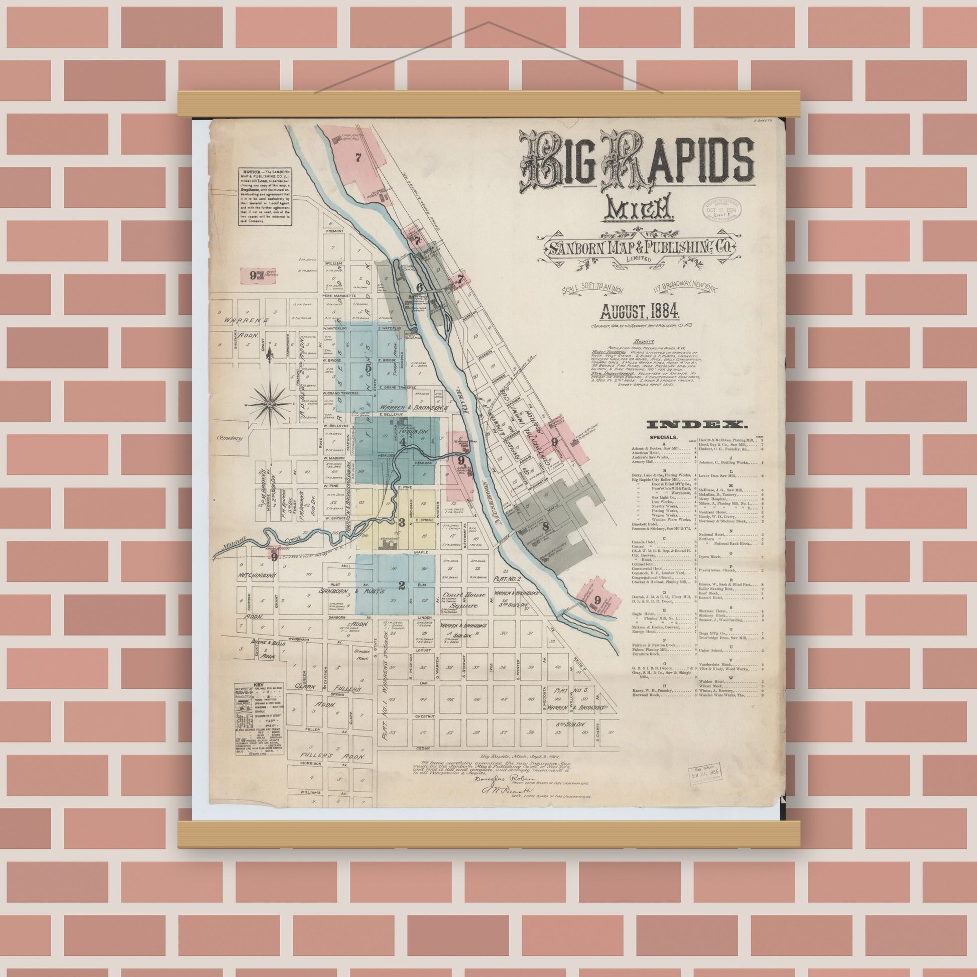 Old map wall art mockup — magnetic wood frame on brick wall — Sanborn Fire Insurance Map from Big Rapids, Mecosta County, Michigan (1884) - Complete Map Set