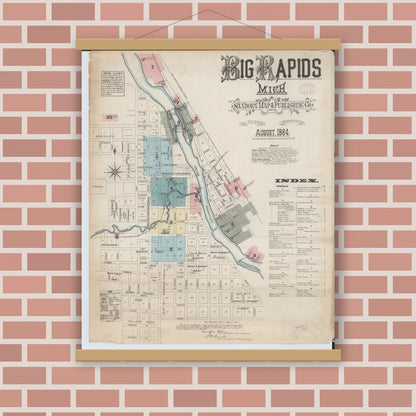 Old map wall art mockup — magnetic wood frame on brick wall — Sanborn Fire Insurance Map from Big Rapids, Mecosta County, Michigan (1884) - Complete Map Set