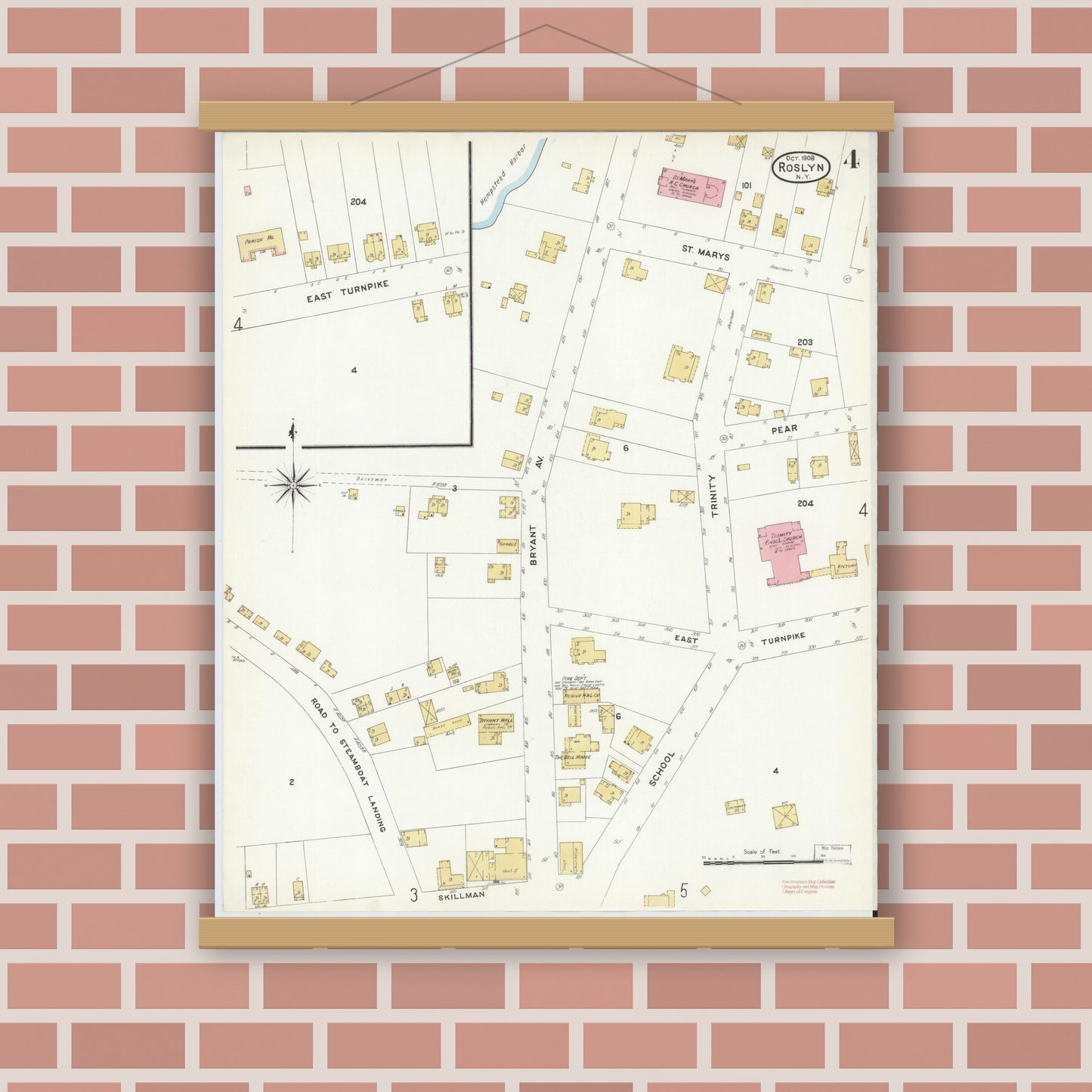 Old map wall art mockup — magnetic wood frame on brick wall — Sanborn Fire Insurance Map from Roslyn, Nassau County, New York (1908), Sheet #0004