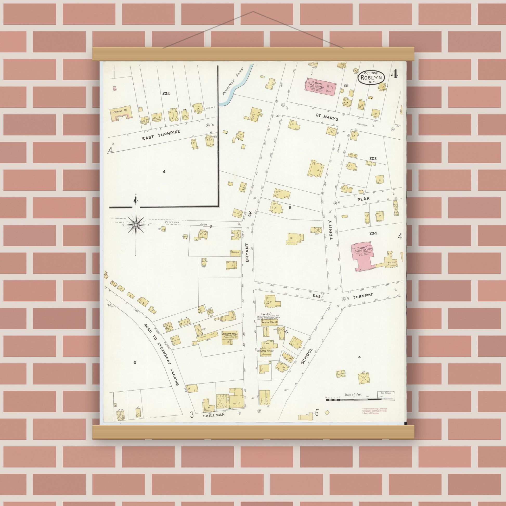 Old map wall art mockup — magnetic wood frame on brick wall — Sanborn Fire Insurance Map from Roslyn, Nassau County, New York (1908), Sheet #0004