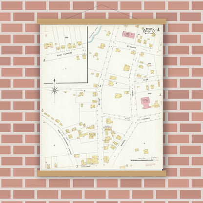 Old map wall art mockup — magnetic wood frame on brick wall — Sanborn Fire Insurance Map from Roslyn, Nassau County, New York (1908), Sheet #0004
