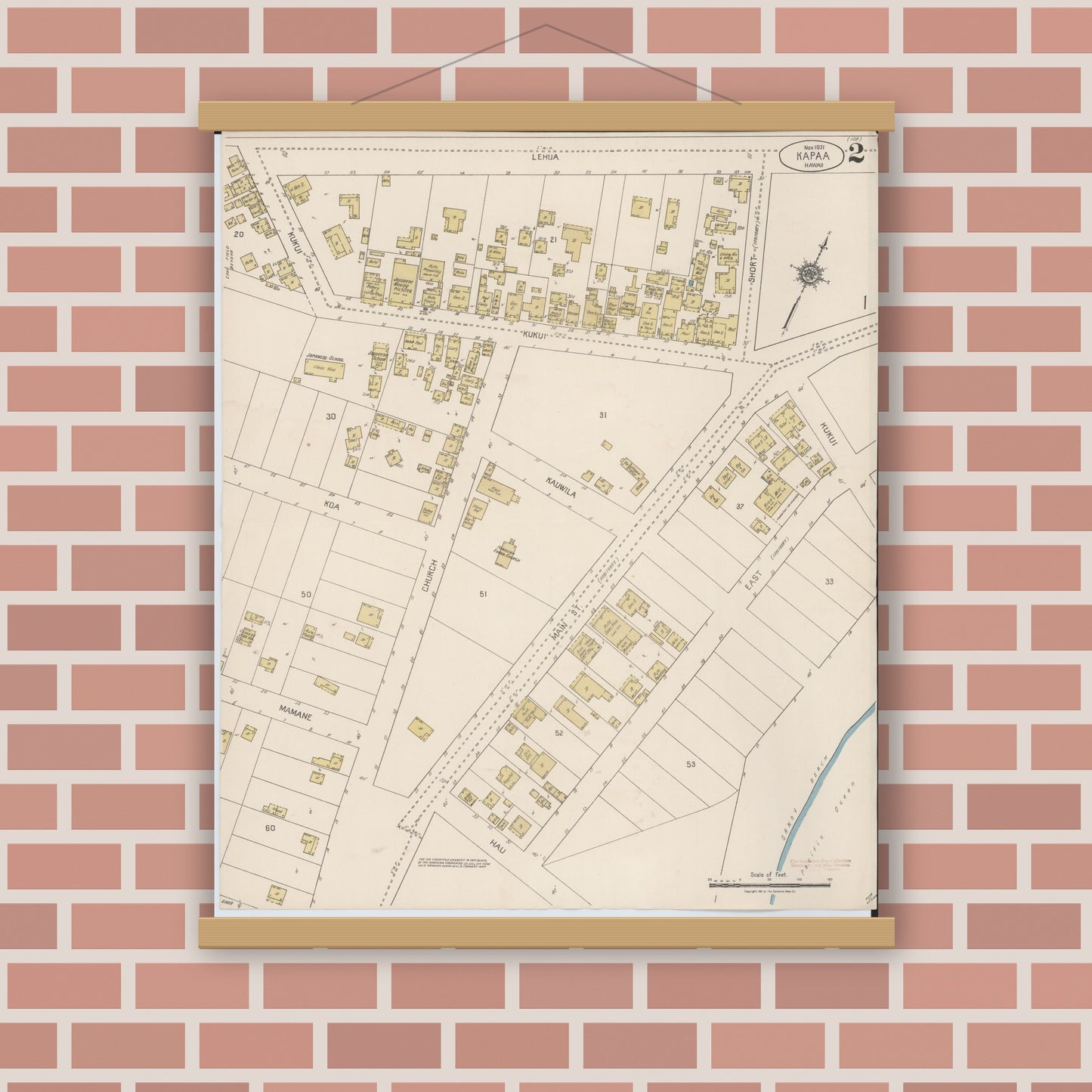 Old map wall art mockup — magnetic wood frame on brick wall — Sanborn Fire Insurance Map from Kapaa, Kauai County, Hawaii (1921), Sheet #0002