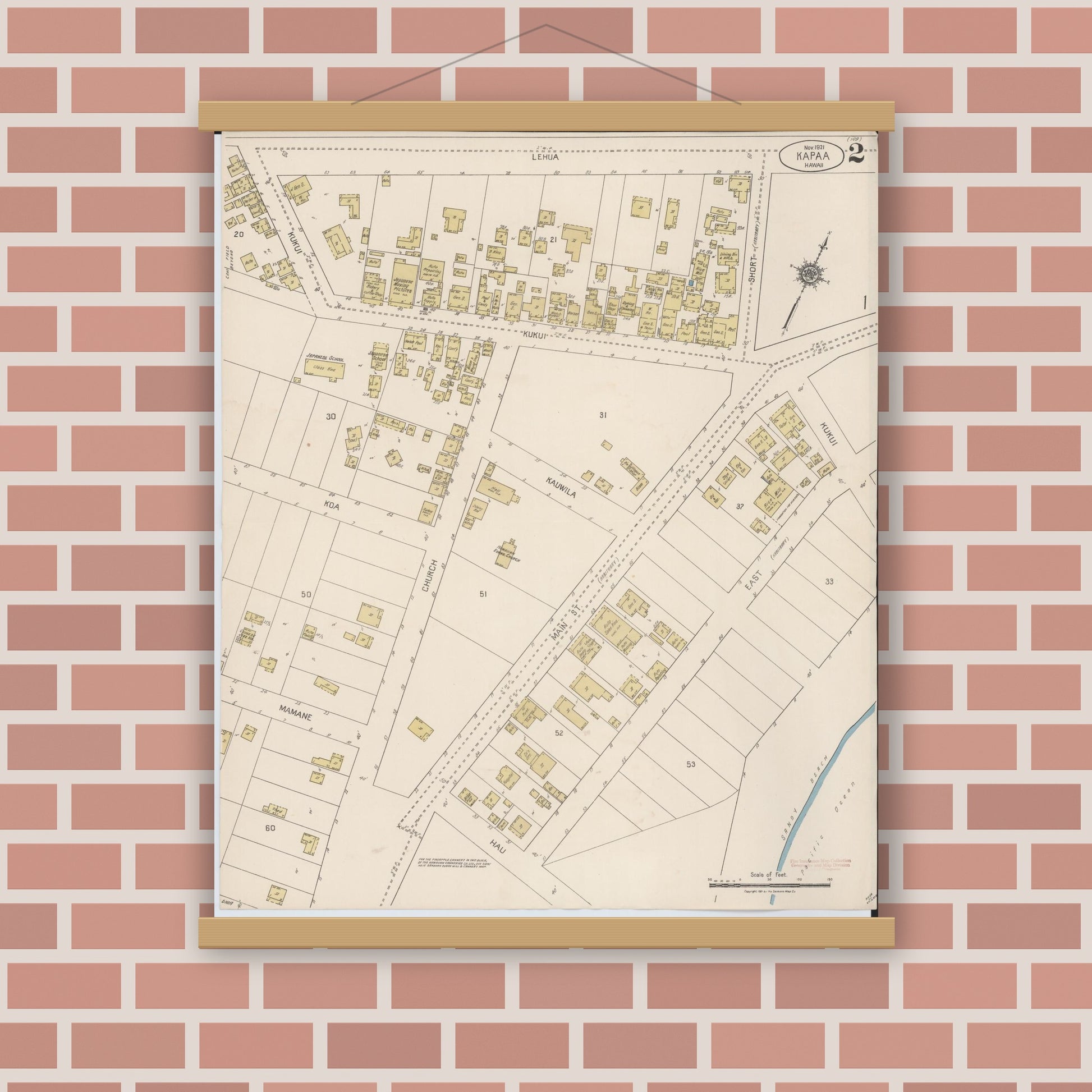 Old map wall art mockup — magnetic wood frame on brick wall — Sanborn Fire Insurance Map from Kapaa, Kauai County, Hawaii (1921), Sheet #0002