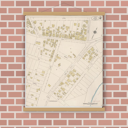 Old map wall art mockup — magnetic wood frame on brick wall — Sanborn Fire Insurance Map from Kapaa, Kauai County, Hawaii (1921), Sheet #0002
