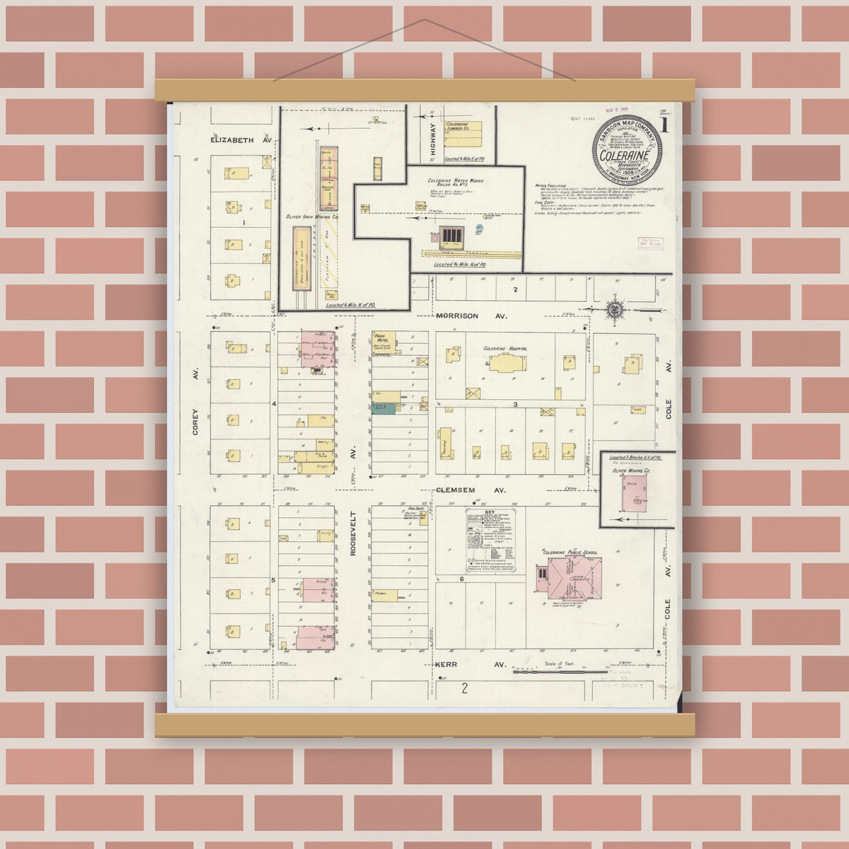 Old map wall art mockup — magnetic wood frame on brick wall — Sanborn Fire Insurance Map from Coleraine, Itasca County, Minnesota (1909) - Complete Map Set