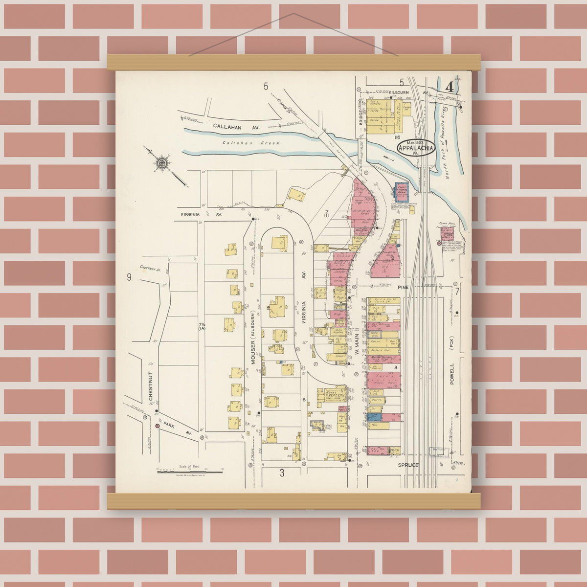 Old map wall art mockup — magnetic wood frame on brick wall — Sanborn Fire Insurance Map from Appalachia, Wise County, Virginia (1922), Sheet #0004
